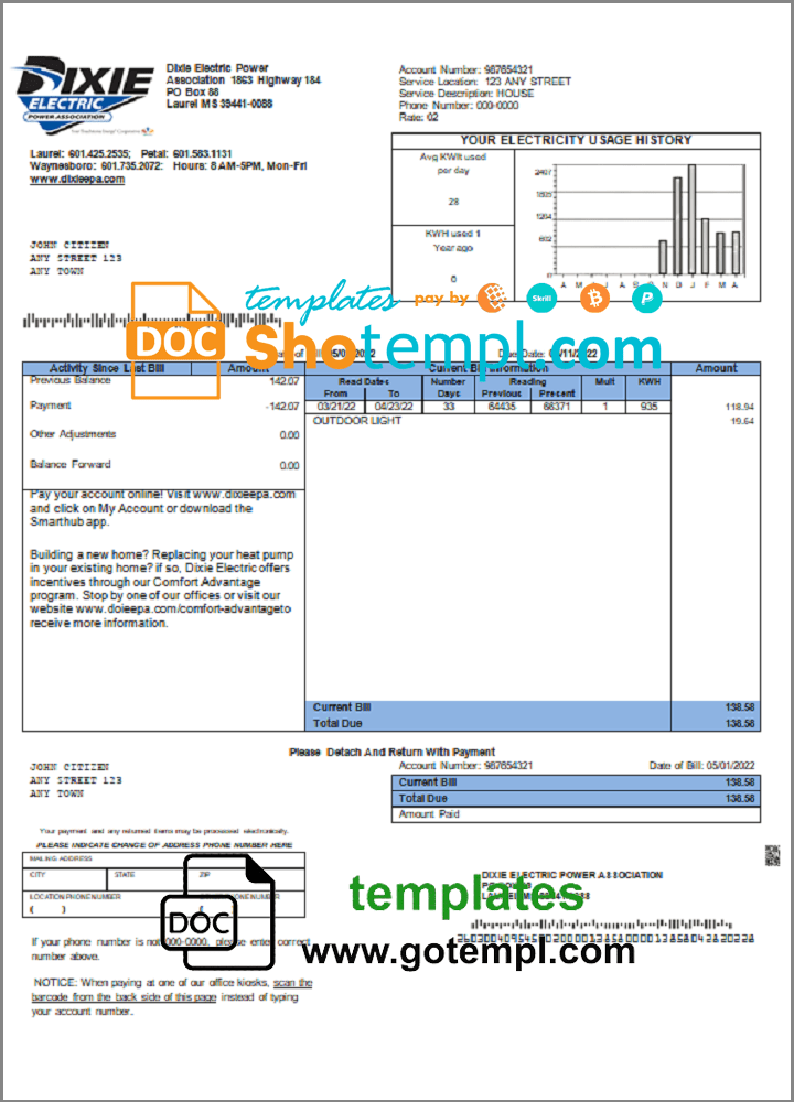 USA Mississippi Dixie Electric utility bill template in Word and PDF format