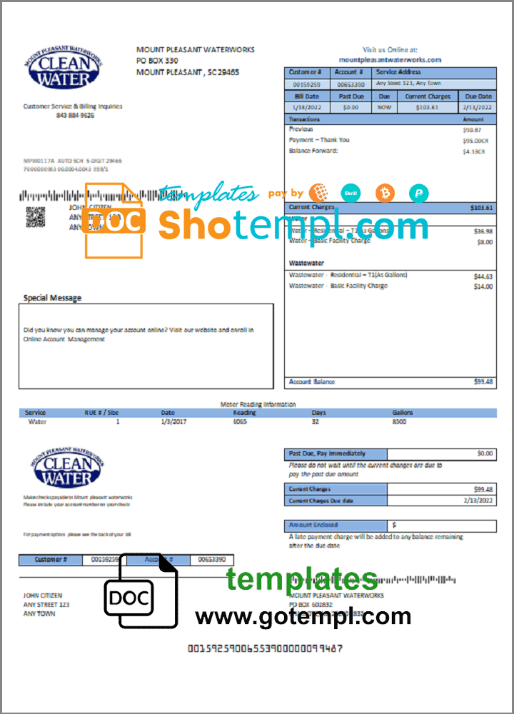 USA Clean Water utility bill template in Word and PDF format