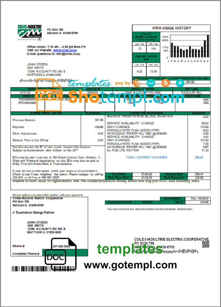 USA Coles - Moultrie utility bill template in Word and PDF format