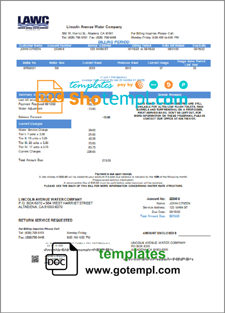USA California Lincoln Avenue Water Company utility bill template in Word and PDF format