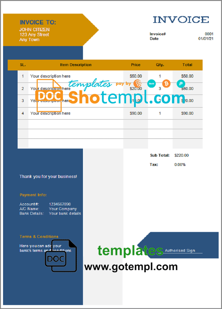 # culture construct universal multipurpose invoice template in Word and PDF format, fully editable