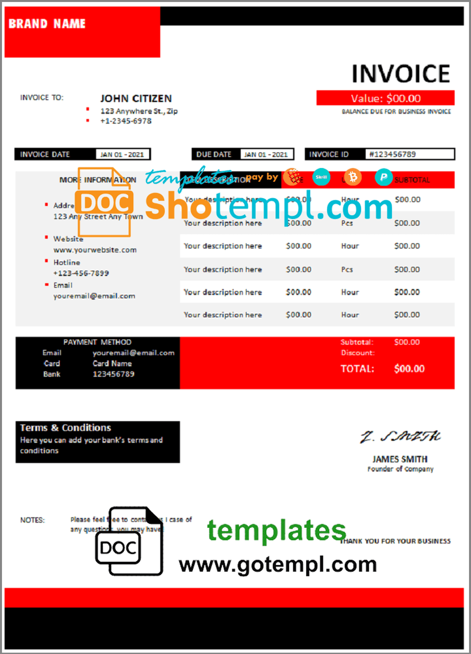 # found report universal multipurpose invoice template in Word and PDF format, fully editable