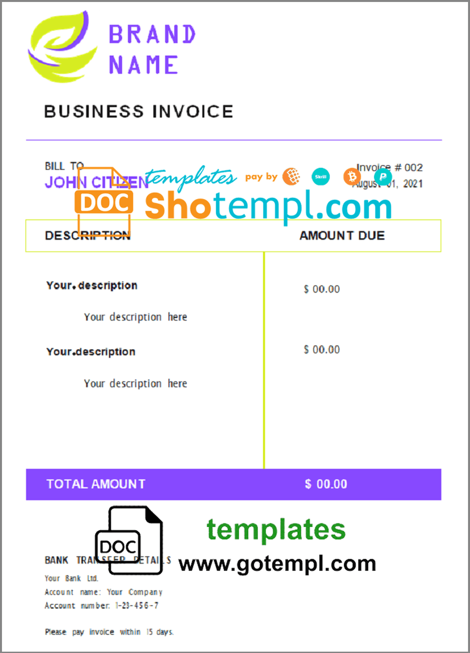 # head project universal multipurpose invoice template in Word and PDF format, fully editable