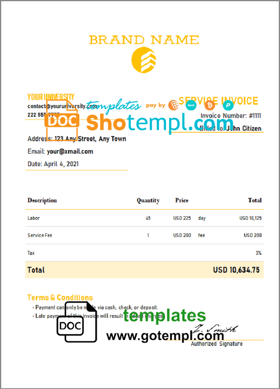 # source check universal multipurpose invoice template in Word and PDF format, fully editable