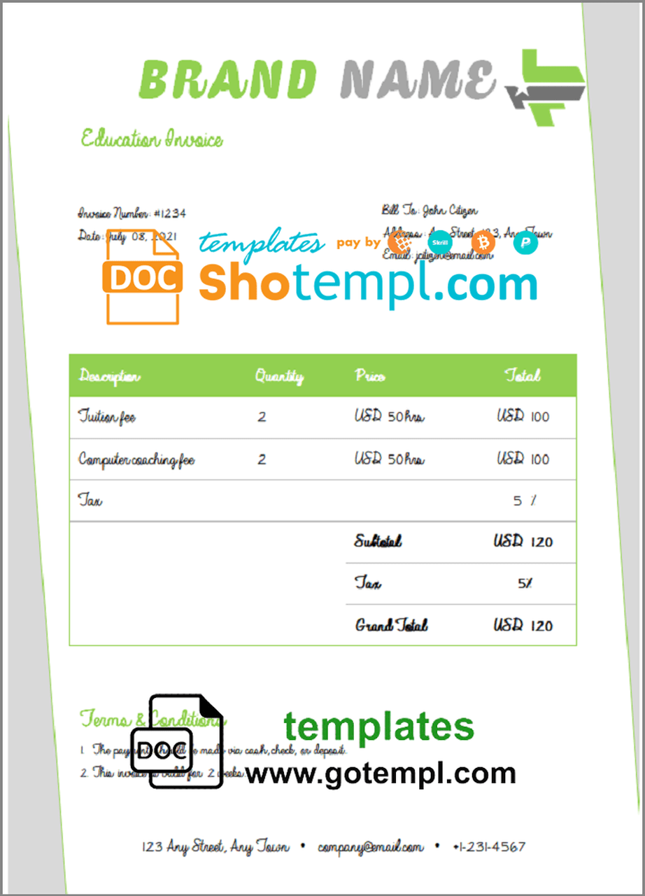 # bet index universal multipurpose invoice template in Word and PDF format, fully editable