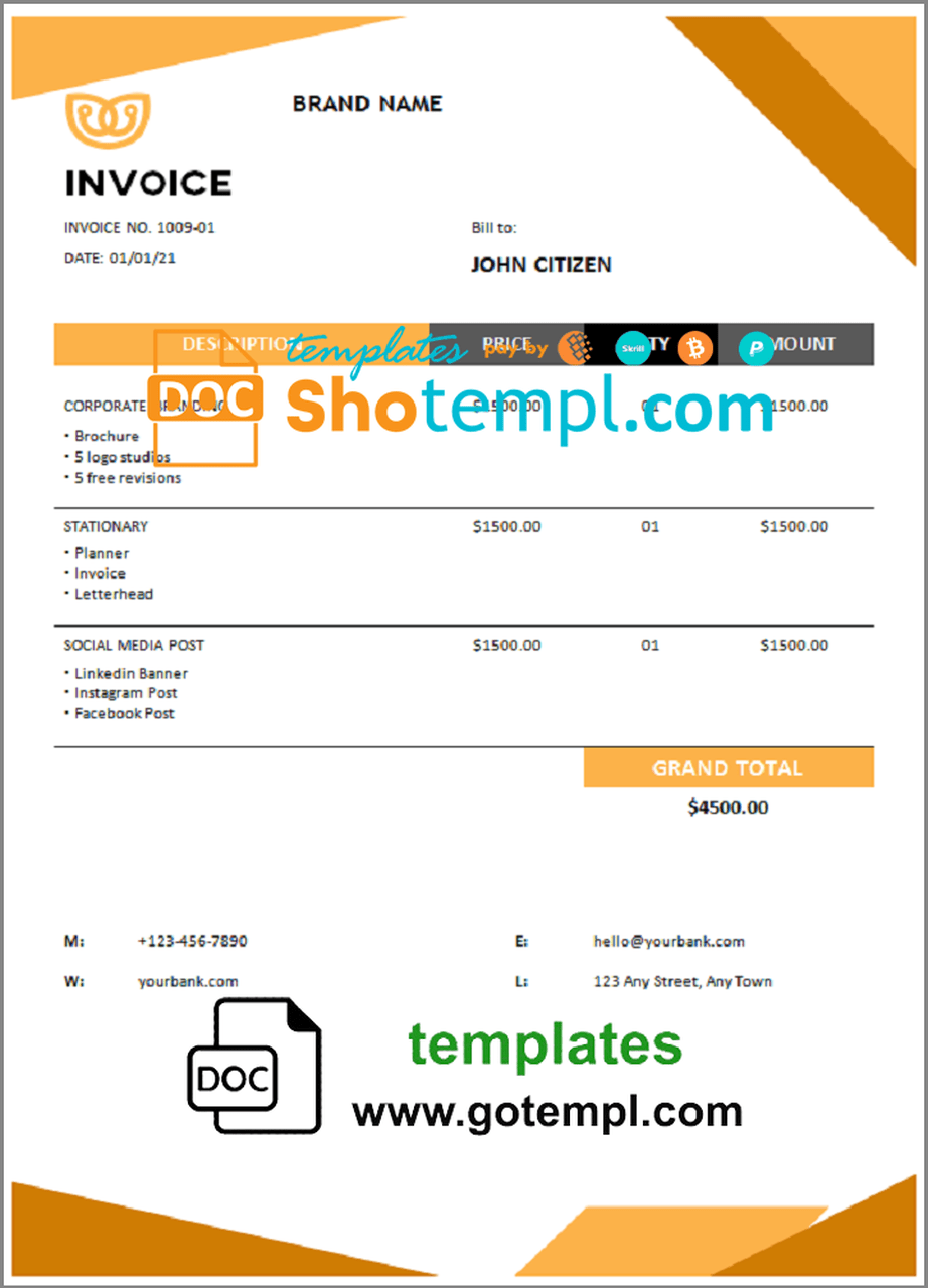 # own source universal multipurpose invoice template in Word and PDF format, fully editable