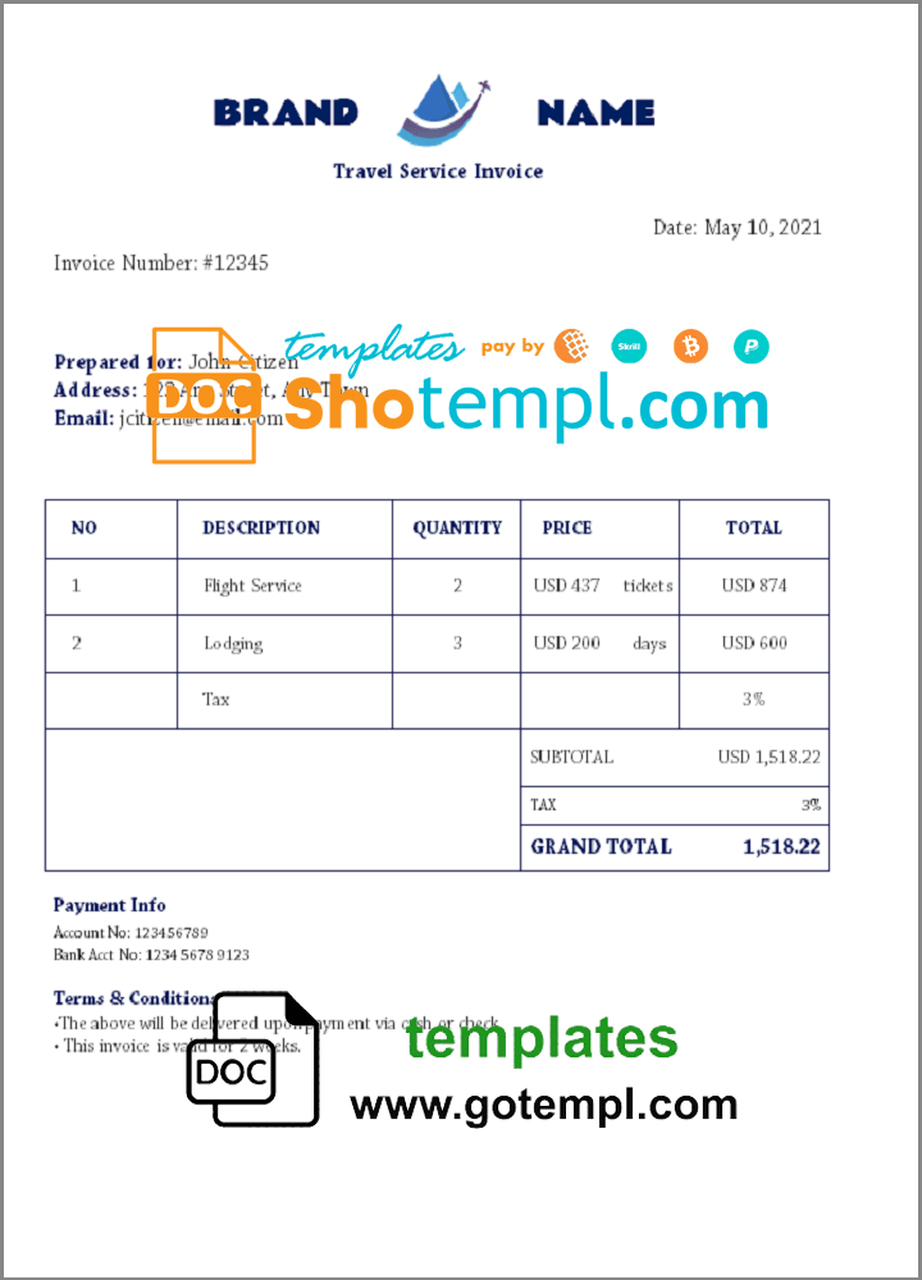 # outpost travel universal multipurpose invoice template in Word and PDF format, fully editable