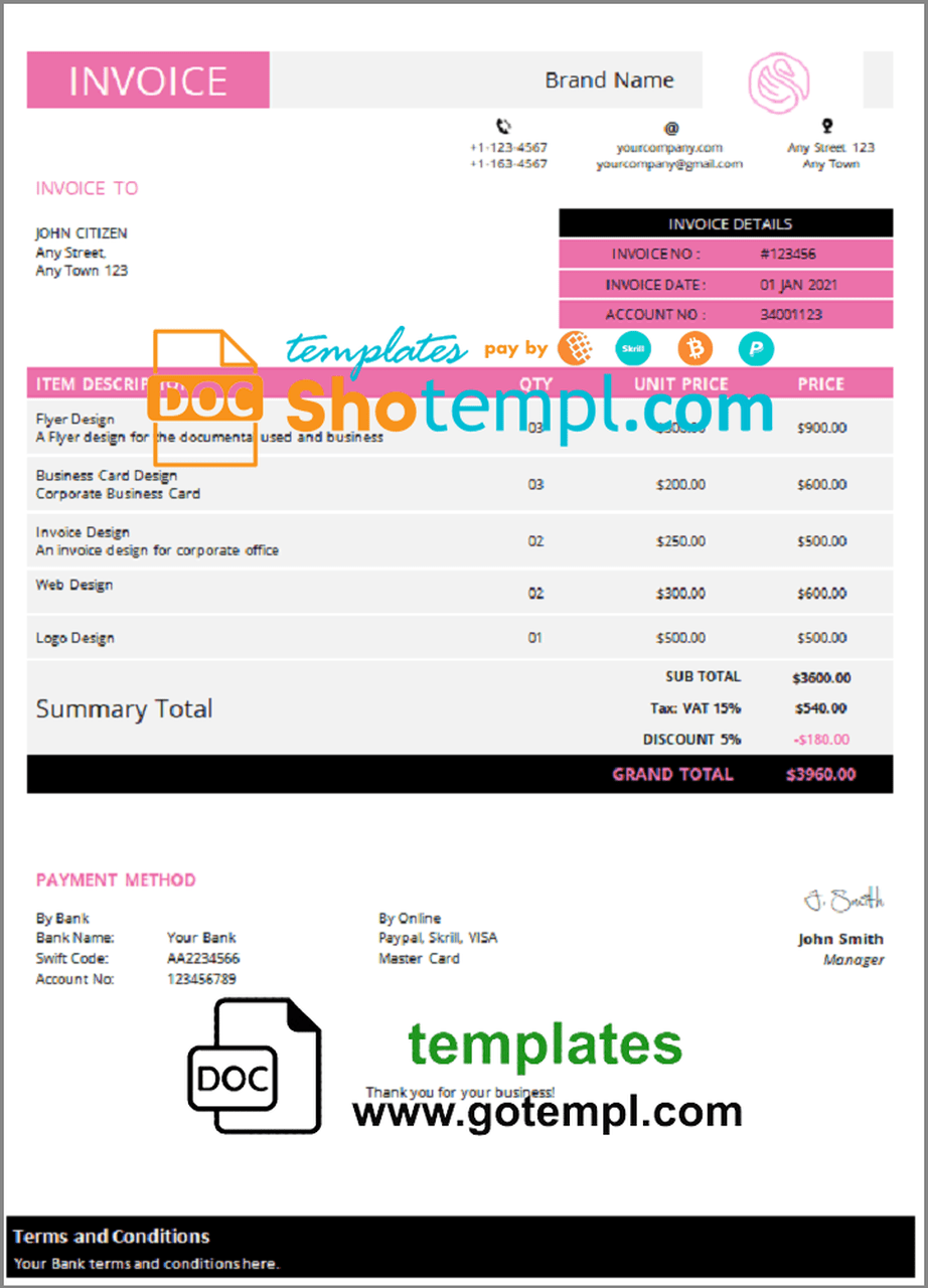 # outlaw famous universal multipurpose invoice template in Word and PDF format, fully editable