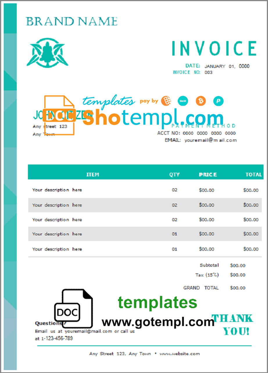 # choose work universal multipurpose invoice template in Word and PDF format, fully editable
