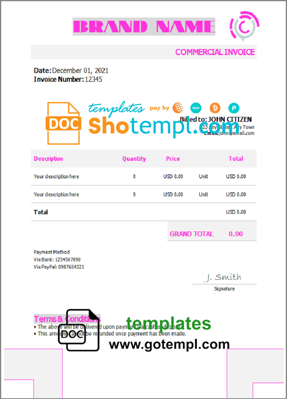 # art axis universal multipurpose invoice template in Word and PDF format, fully editable