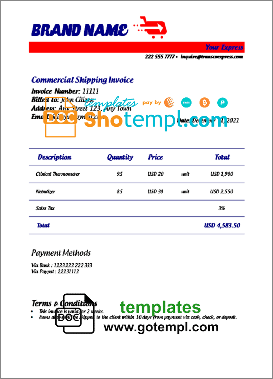 # integral index universal multipurpose invoice template in Word and PDF format, fully editable