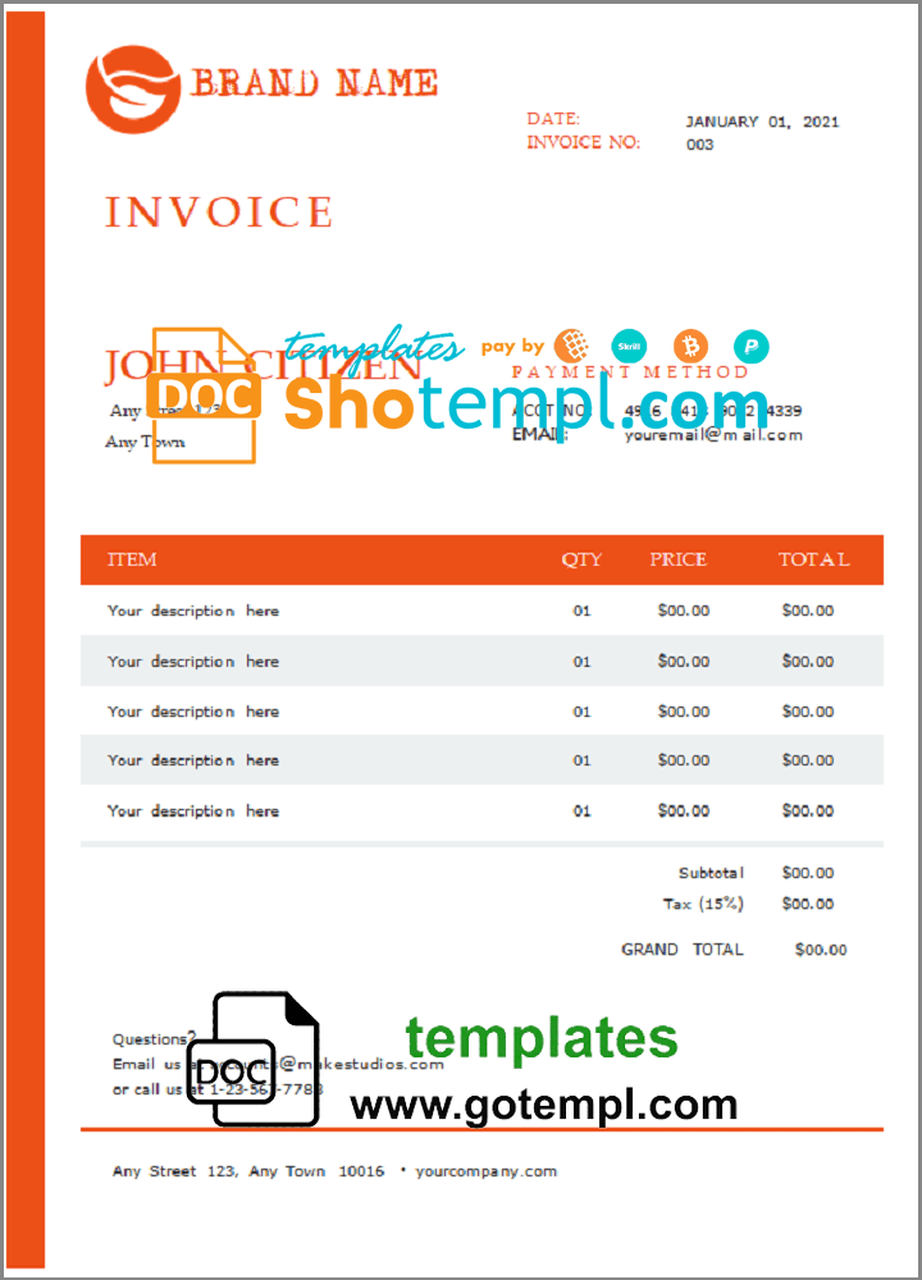 # central purpose universal multipurpose invoice template in Word and PDF format, fully editable