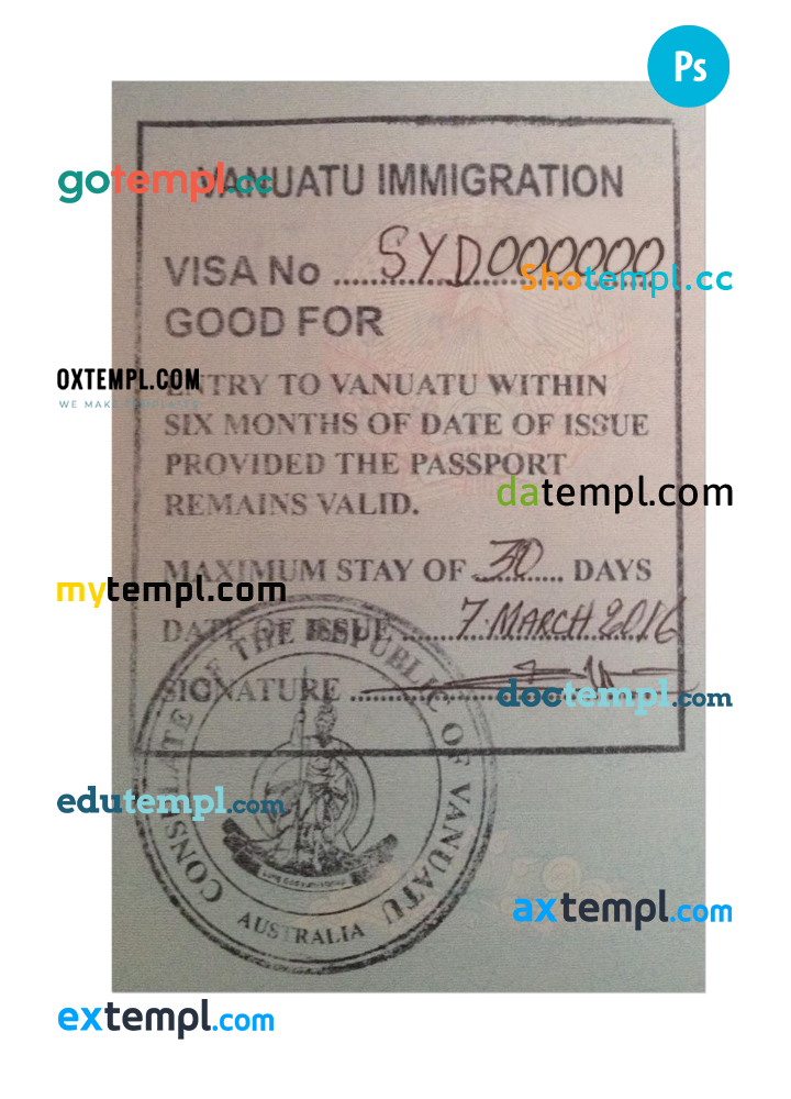 Vanauatu visa stamp PSD template, with fonts