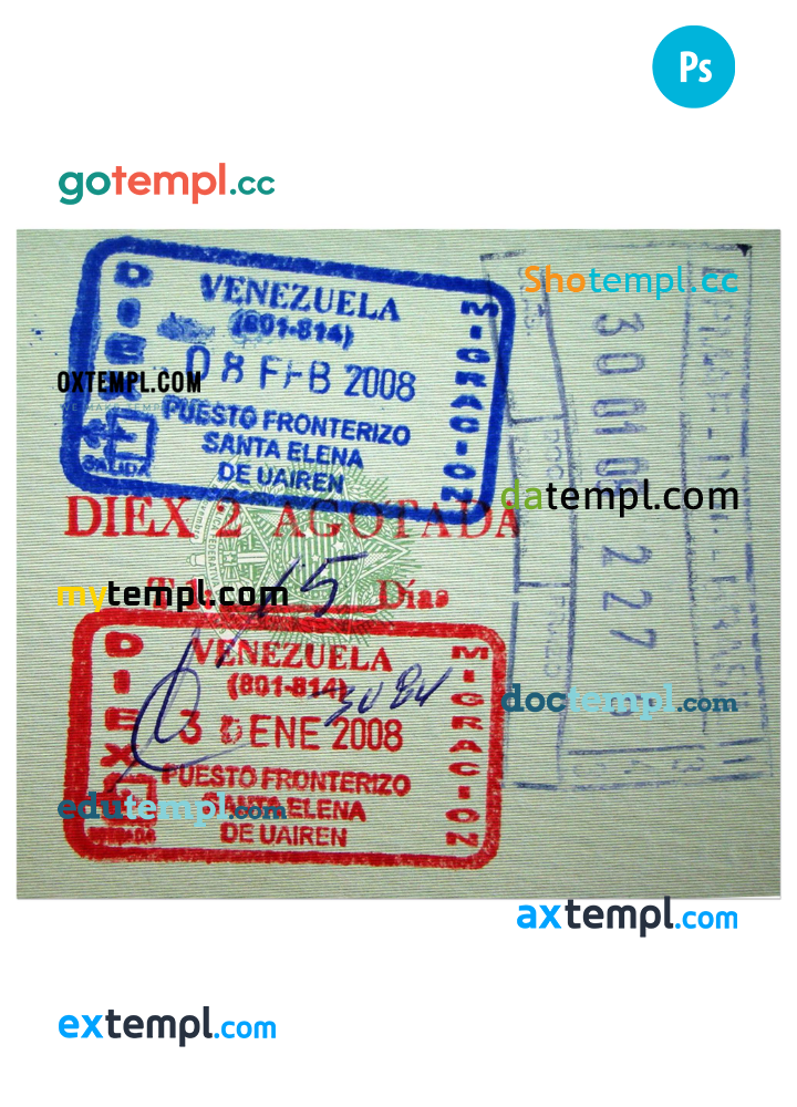 Venezuela visa stamp PSD template, with fonts