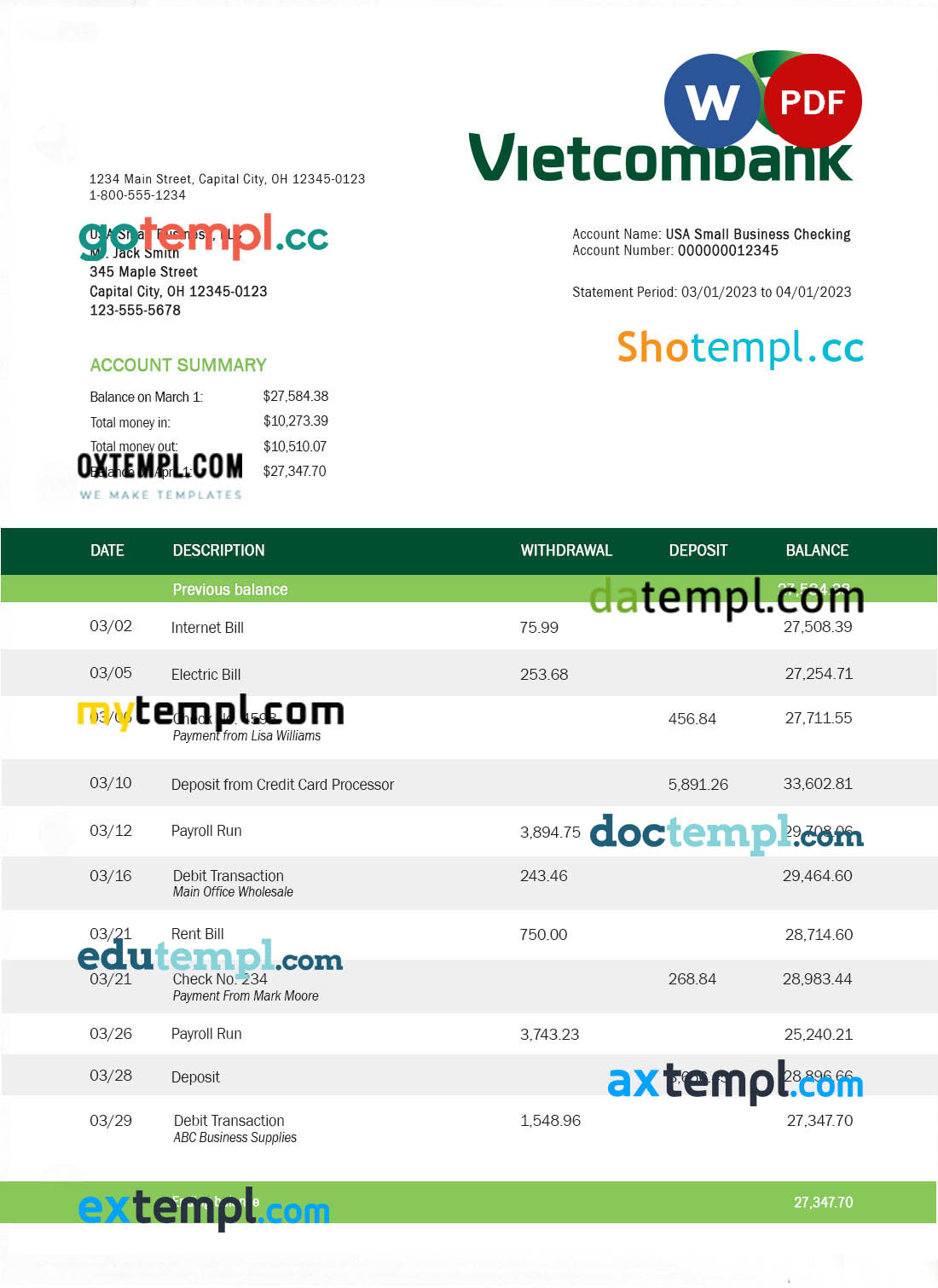 Vietcombank business statement Word and PDF template