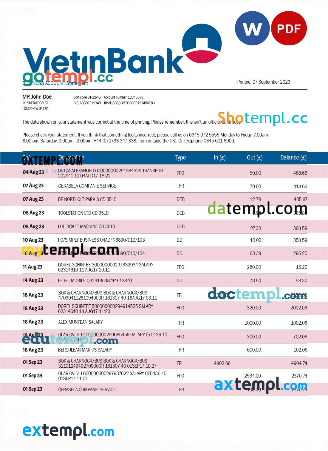 Vietin Bank firm account statement Word and PDF template