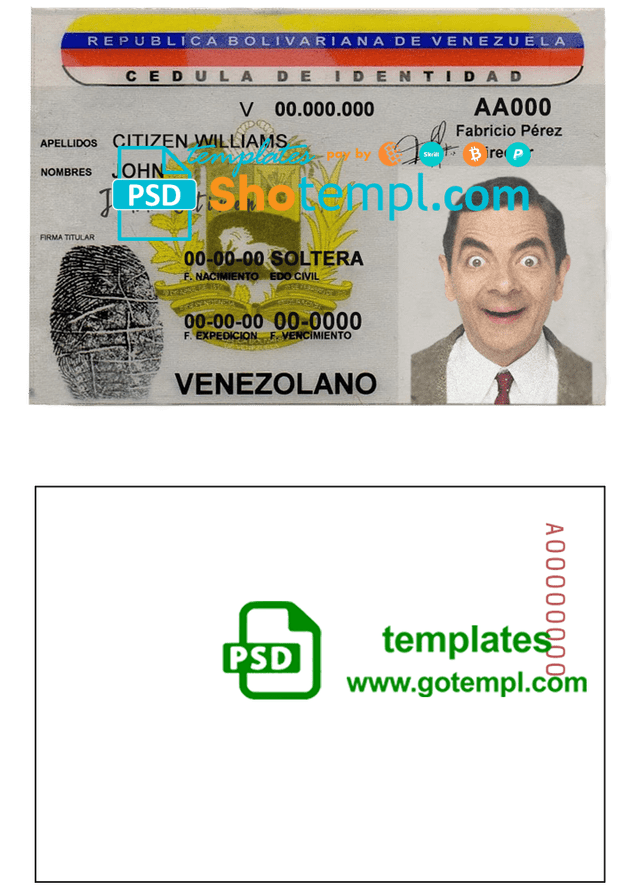 Venezuela ID template in PSD format, fully editable, with all fonts