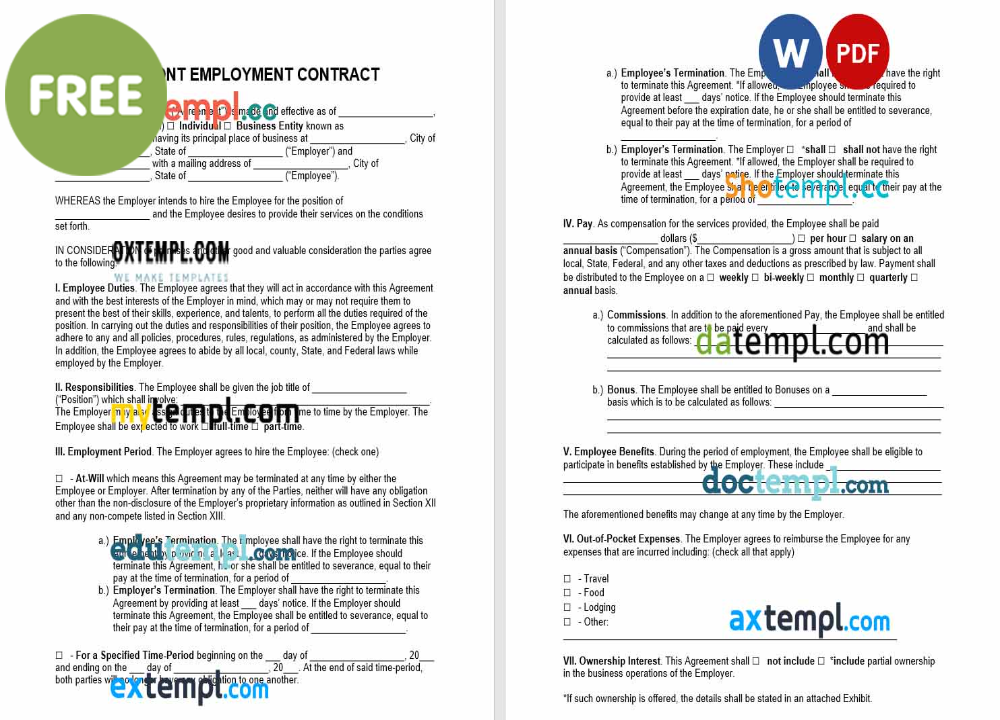Vermont employment contract template, Word and PDF format
