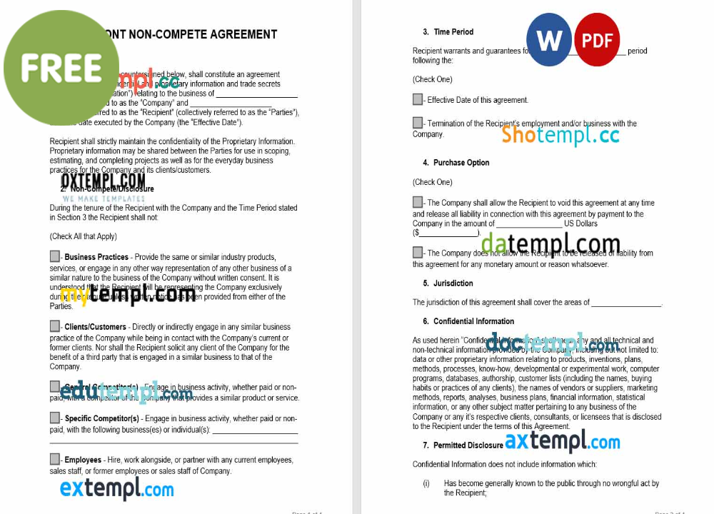Vermont non-compete agreement template, Word and PDF format