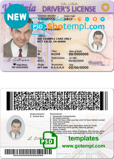 USA Virginia driving license template in PSD format