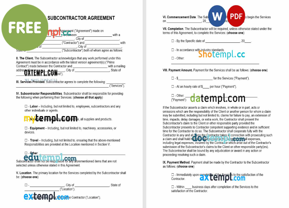 Virginia subcontractor agreement template, Word and PDF format