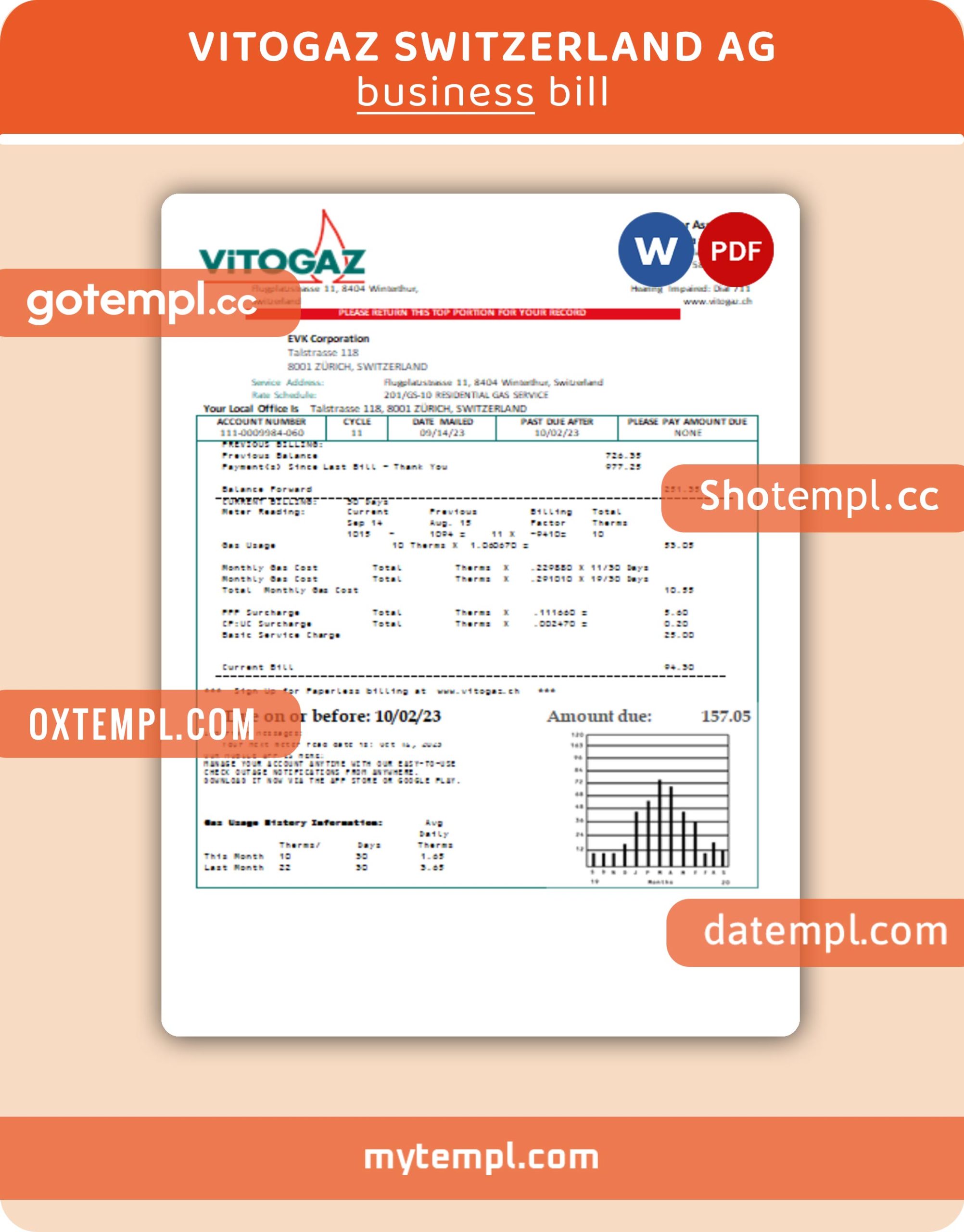 Vitogaz Switzerland AG utility business bill, Word and PDF template, 4 pages, version 3