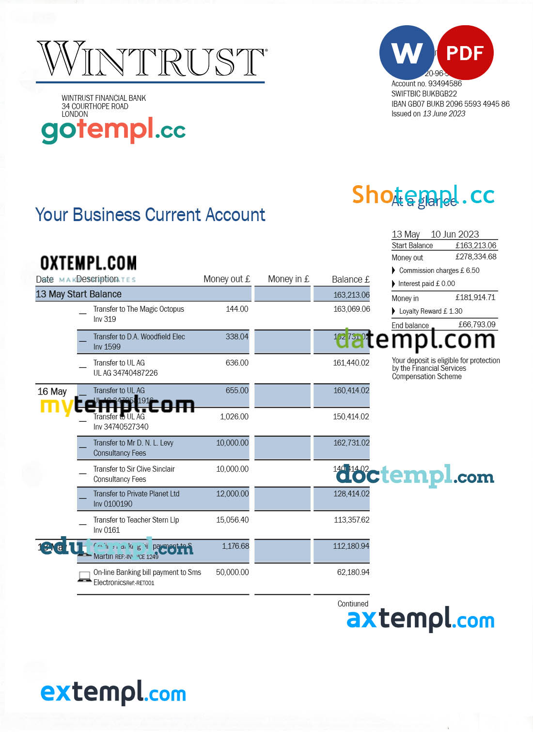 Wintrust Financial Bank enterprise account statement Word and PDF template
