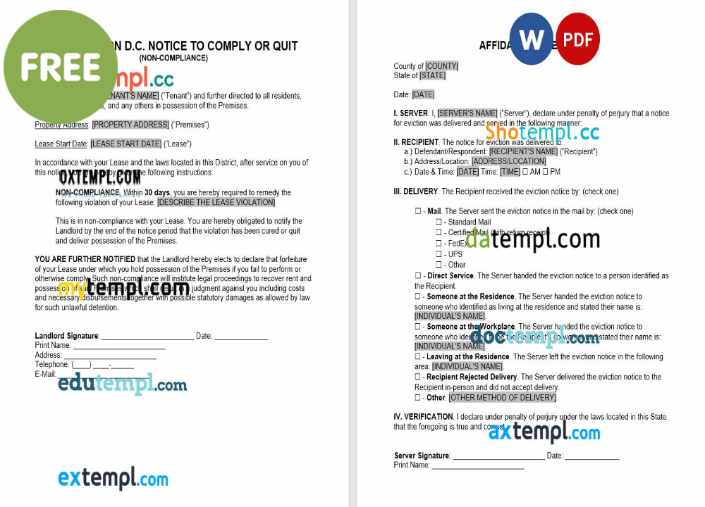 Washington D.C. notice to comply or quit template, Word and PDF format