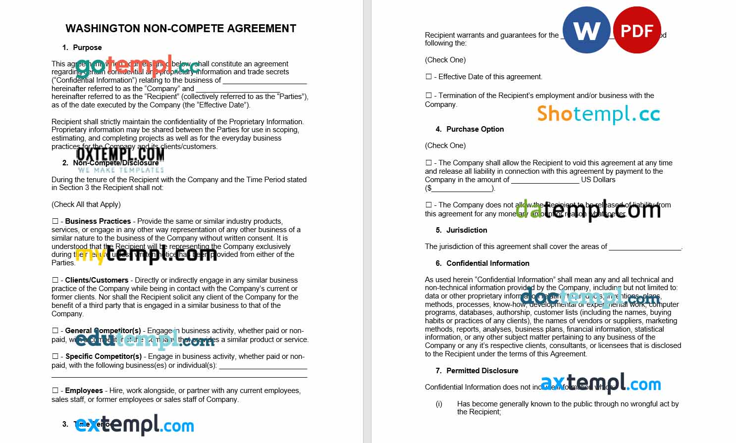Washington non-compete agreement template, Word and PDF format