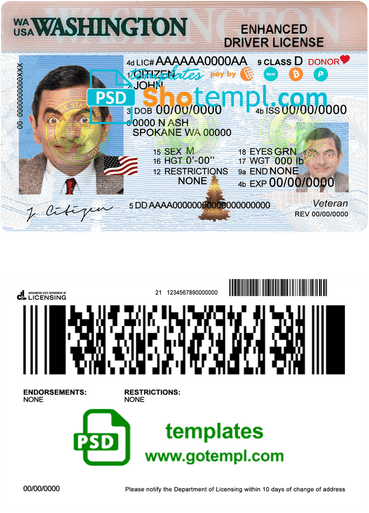 USA Washington driving license template in PSD format