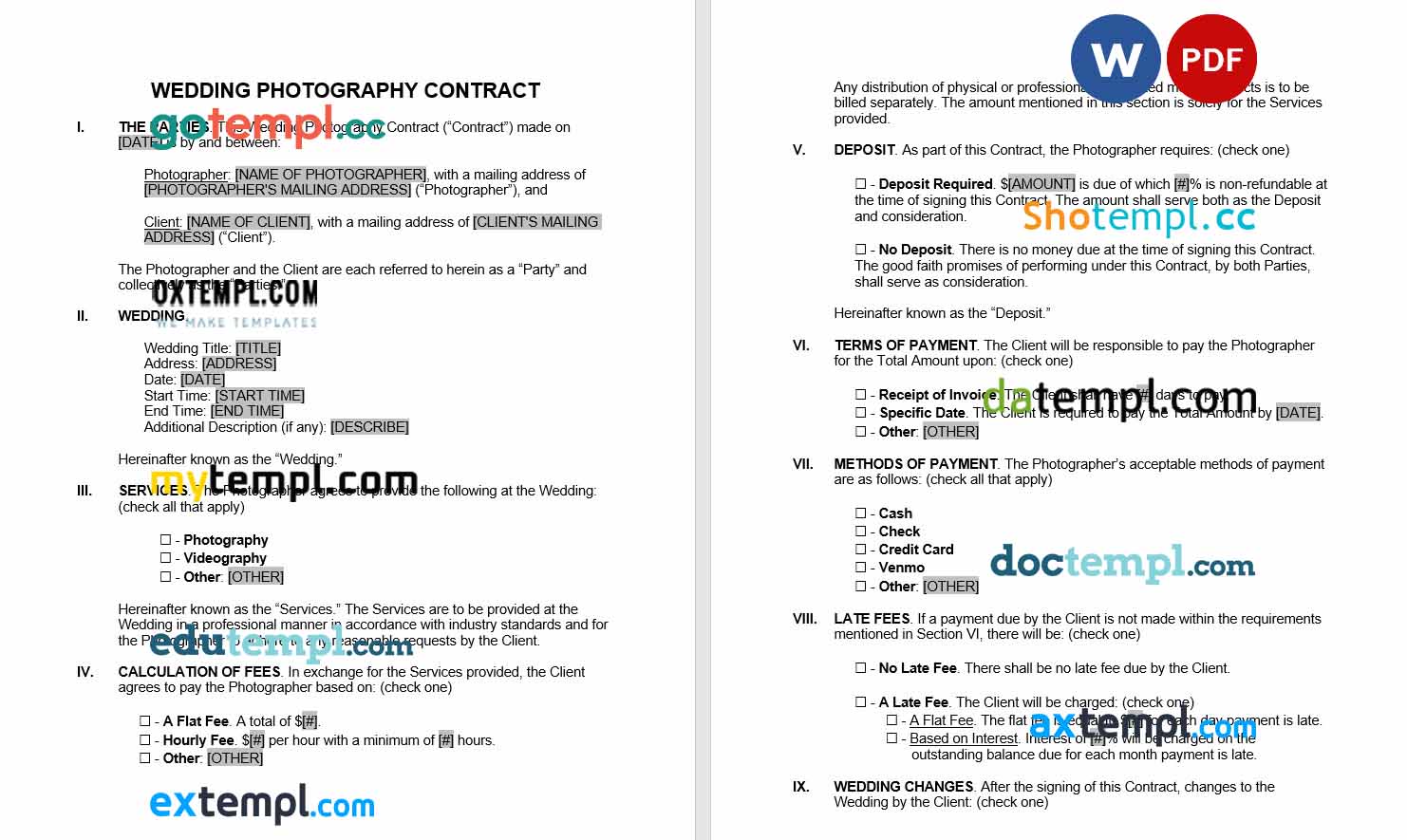 wedding photograhy contract ptemplate, Word and PDF format