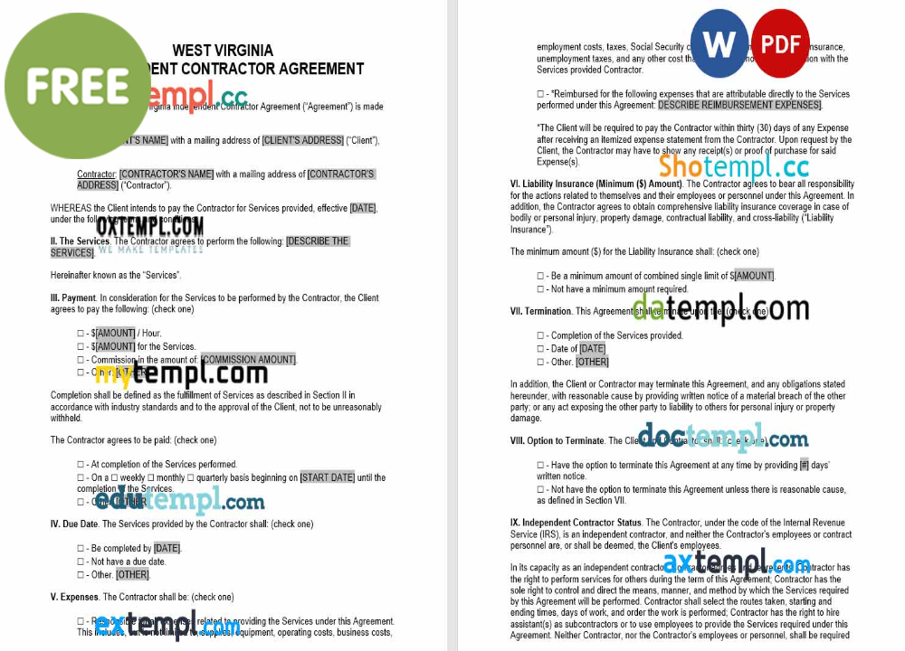 West Virginia independent contractor agreement template, Word and PDF format