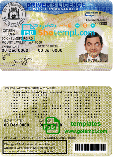 Western Australia driver license template in PSD format, fully editable