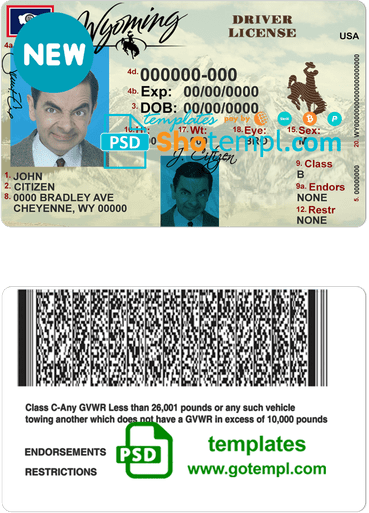 USA Wyoming state driving license template in PSD format, with all fonts