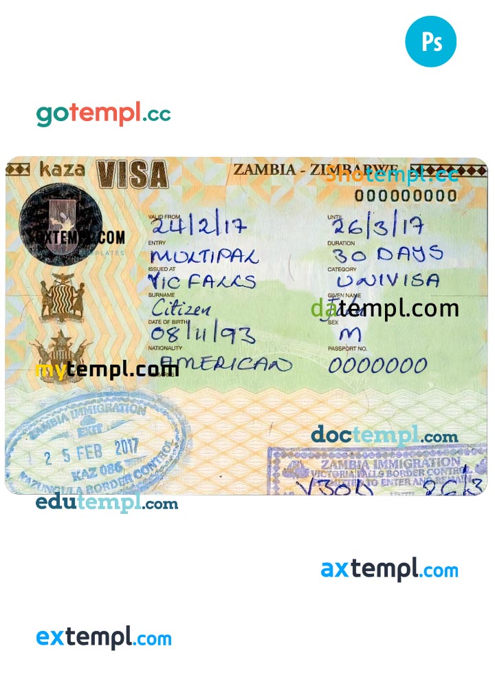 Zambia-Zimbabwe travel visa PSD template, with fonts