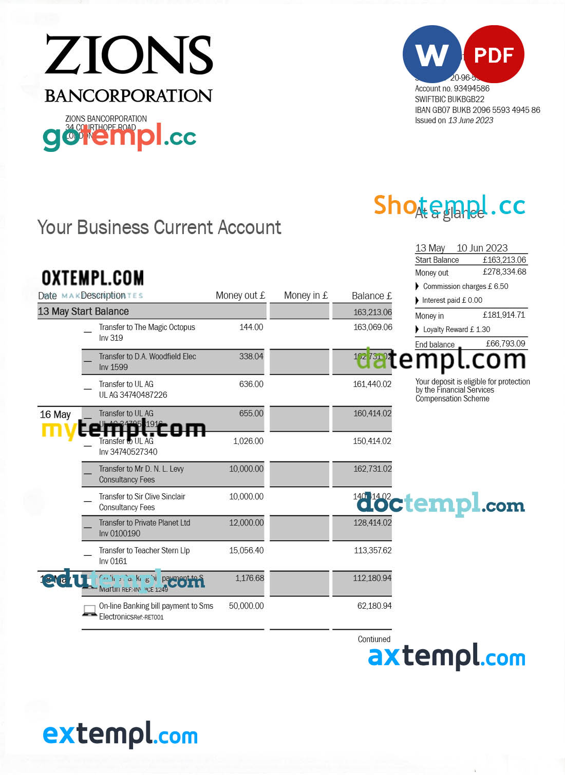 Zions Bancorporation Bank business checking account statement Word and PDF template
