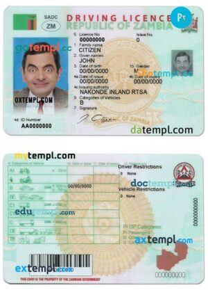 Zambia driving license template in PSD format, fully editable