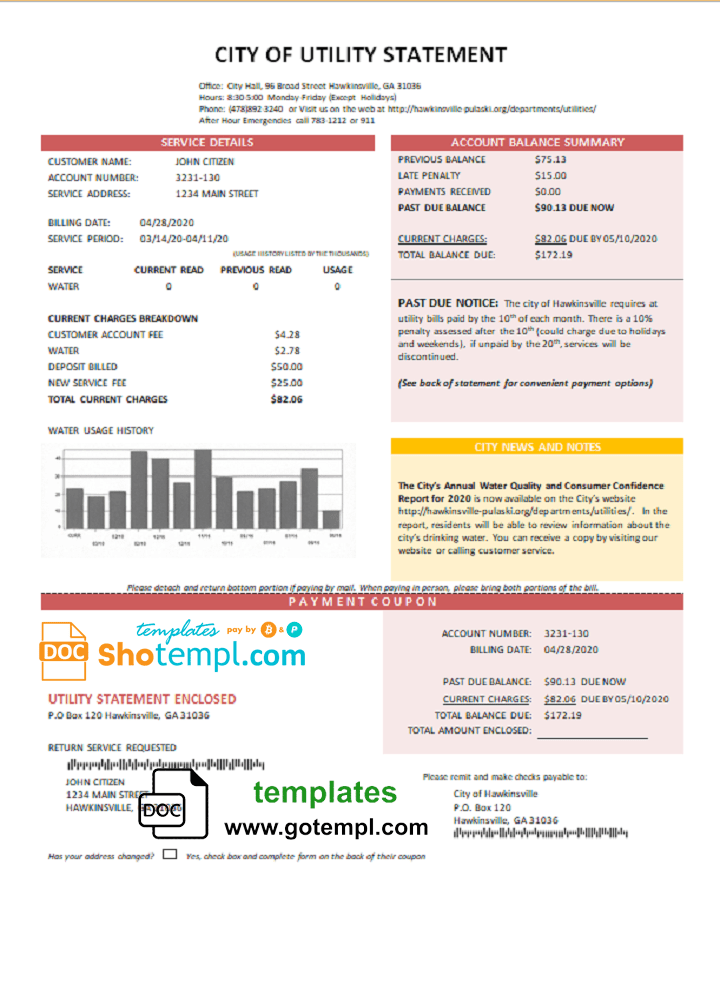 USA City of Utility Statement water utility bill template in Word and PDF format