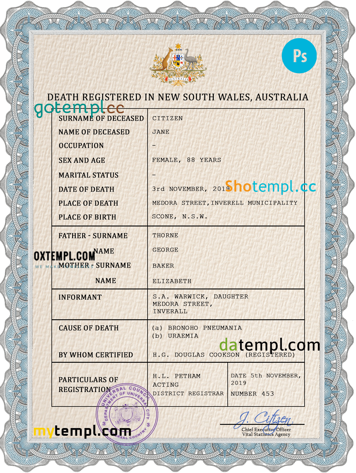 # arms unity death universal certificate PSD template, completely editable