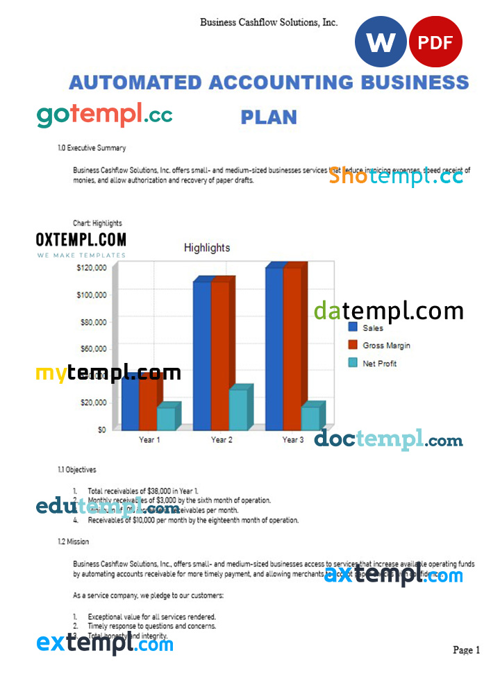 automated accounting business plan template in Word and PDF formats