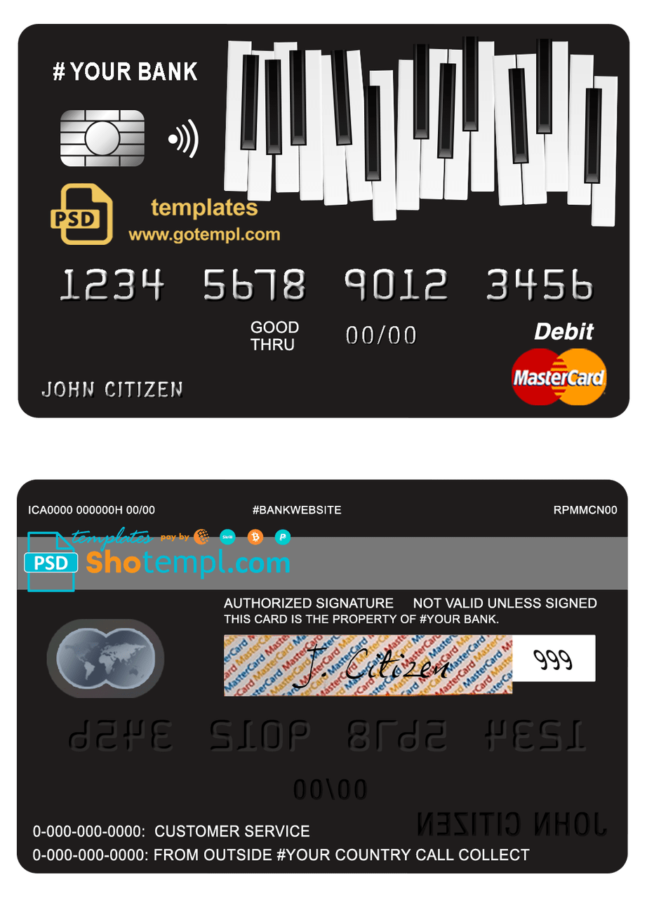 # bay piano universal multipurpose bank mastercard debit credit card template in PSD format, fully editable