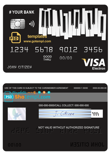 # bay piano universal multipurpose bank visa electron credit card template in PSD format, fully editable