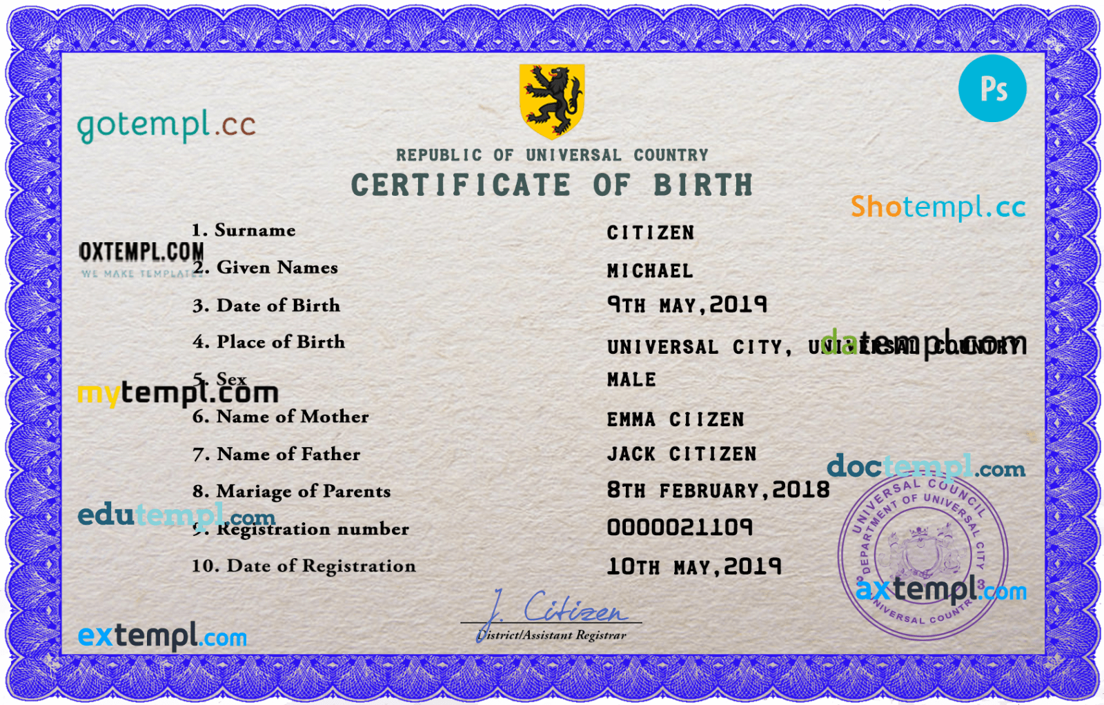 # bold universal birth certificate PSD template, completely editable
