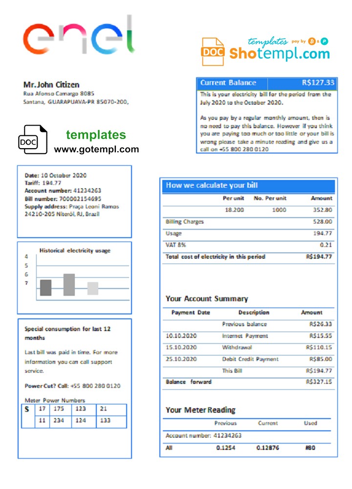 Brazil ENEL electricity utility bill template in Word and PDF format
