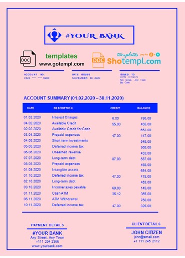 # bright blue universal multipurpose bank statement template in Word format