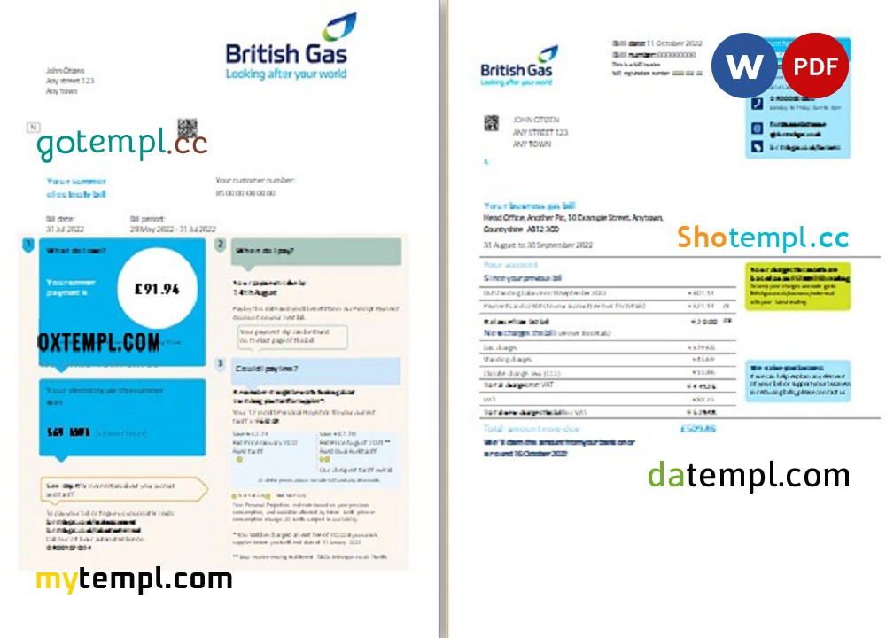 United Kingdom British Gas bill Word and PDF template, 2 pages
