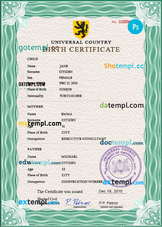 # broadcast variety universal birth certificate PSD template, completely editable