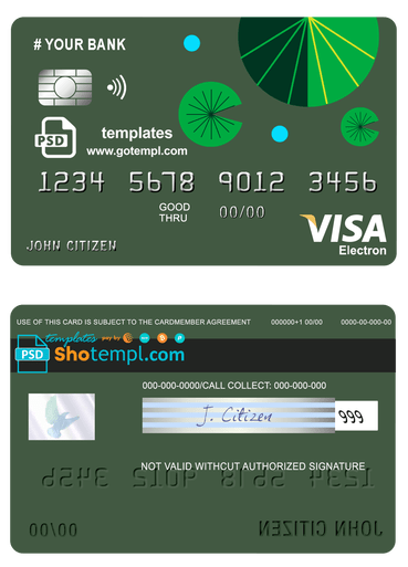 # budget green universal multipurpose bank visa electron credit card template in PSD format, fully editable