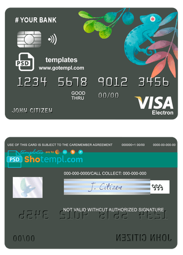 # bueno tropical universal multipurpose bank visa electron credit card template in PSD format, fully editable