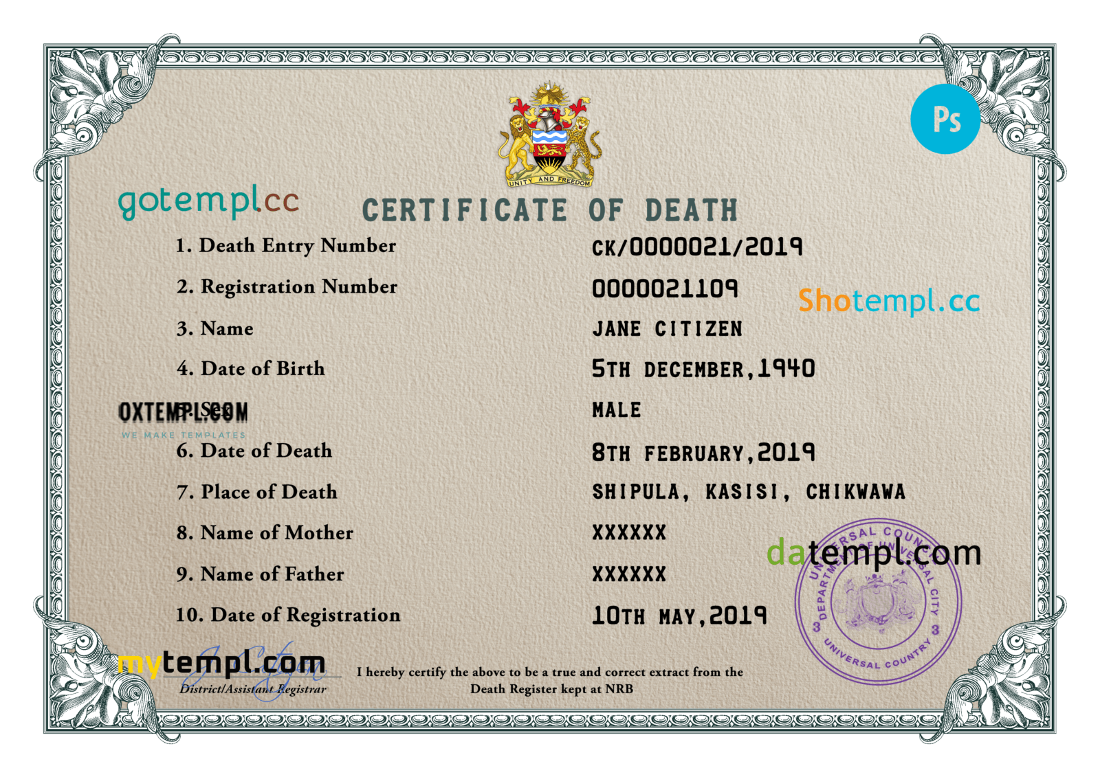 # certificate dominate death universal certificate PSD template, completely editable